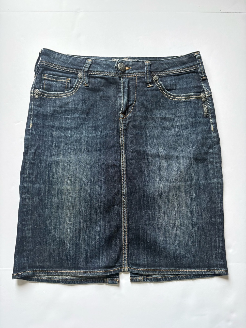 Silver Jeans Co. Emma Dark Wash Denim Mini Skirt Y2K Contrast Stitching, Sz 27